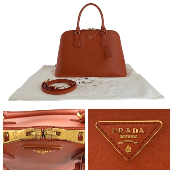 PRADA Saffiano Triangle Logo Plate Orange Gold Leather Shoulder Bag - Picture 10 of 10